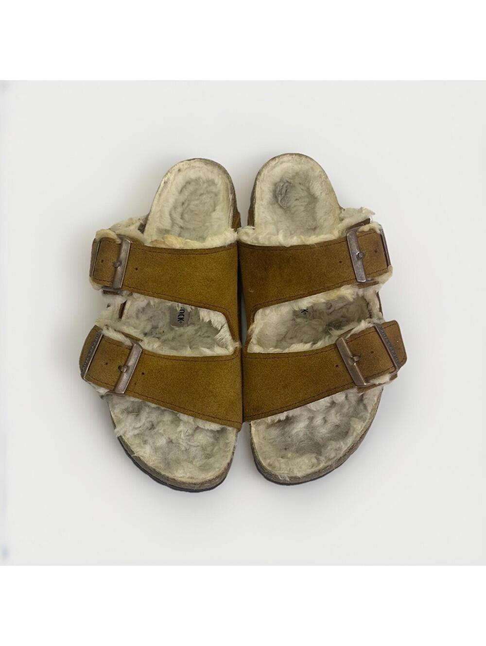 Birkenstock Arizona Shearling Sandals Brown Suede Fur Lined EU 38 Womens